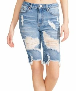 Discount ✔️ Madden Girl Bandit 👩 Womens Mid-Rise Destroyed Bermuda Shorts ⌛